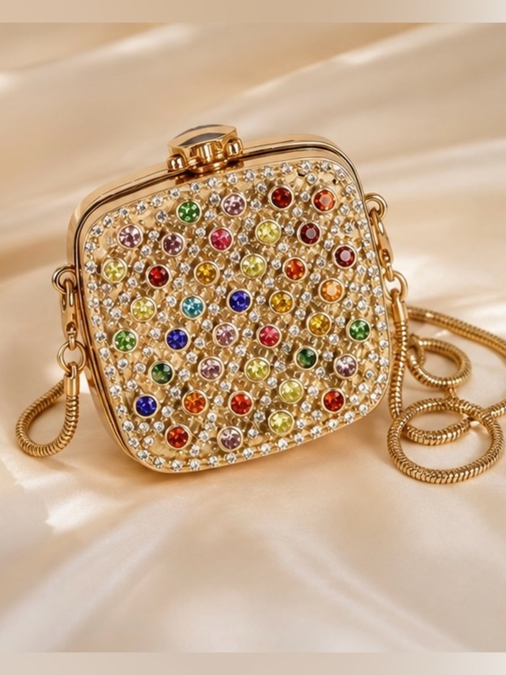 Gleaming Multicolor Crystal Embellished Gold Mini Evening Bag